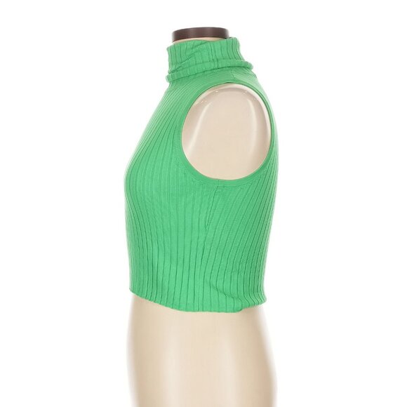 Ribbed turtleneck knit high neck tank top sleeveless mock sweater green stretch - Picture 4 of 8